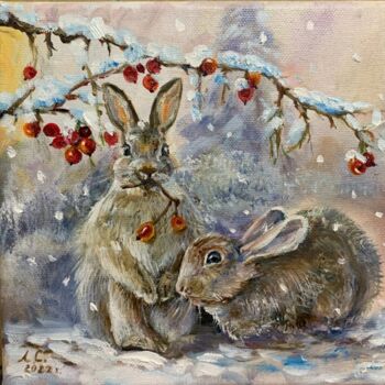Painting titled "Bunny rabbits cute…" by Svetlana Lanovenko, Original Artwork, Oil