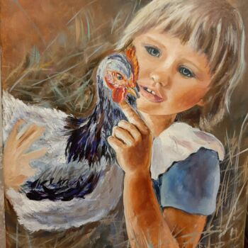 Peinture intitulée "Girl with chicken c…" par Svetlana Lanovenko, Œuvre d'art originale, Huile