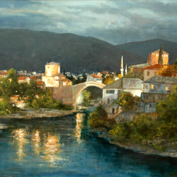 Pintura intitulada "Nightfall  in Mosta…" por Gyorgy Lantos, Obras de arte originais, Óleo Montado em Armação em madeira
