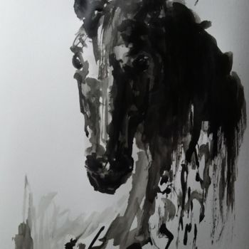 Dibujo titulada "Horse : L164" por Laou, Obra de arte original, Tinta Montado en Vidrio