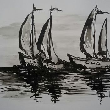 Desenho intitulada "Bateaux : L062" por Laou, Obras de arte originais, Tinta Montado em Vidro