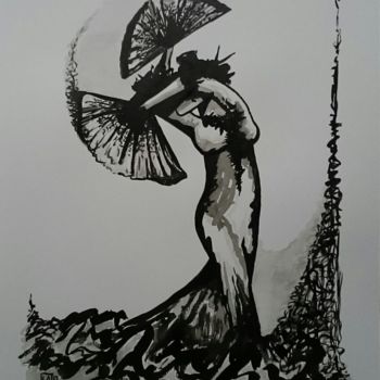 Dibujo titulada "Flamenco : L065" por Laou, Obra de arte original, Tinta Montado en Vidrio