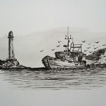 Рисунок под названием "Retour de pêche : L…" - Laou, Подлинное произведение искусства, Чернила Установлен на Стекло