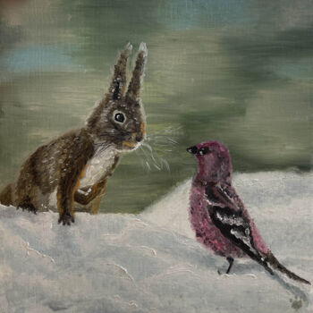 绘画 标题为“Bird Squirrel  cute…” 由Tatiana Татьяна Lapina Лапина, 原创艺术品, 油
