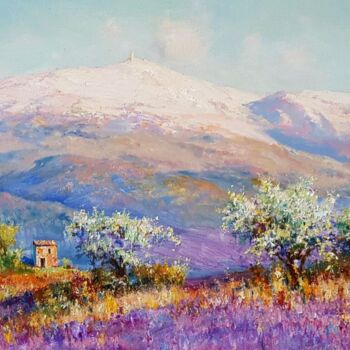 Painting titled "Snow-capped mountai…" by Lara Vald, Original Artwork, Oil Mounted on Wood Stretcher frame