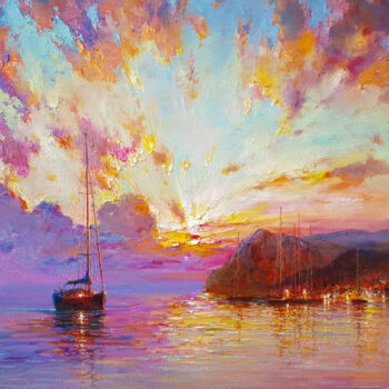 Painting titled "Sunset on the sea." by Lara Vald, Original Artwork, Oil Mounted on Wood Stretcher frame