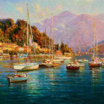 Painting titled "Yachts in the sea b…" by Lara Vald, Original Artwork, Oil Mounted on Wood Stretcher frame
