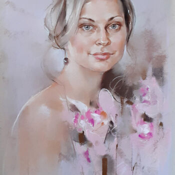 Painting titled "Девушка с орхидеями" by Larisa Shigorina, Original Artwork, Pastel