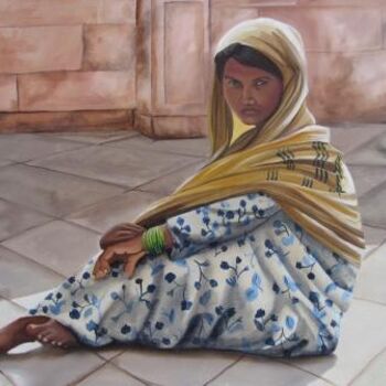 Painting titled "Indienne au temple" by Lara Meissirel, Original Artwork