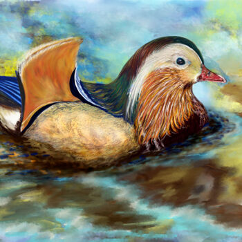 Digital Arts titled "Mandarin Duck on Wa…" by Larisa Berzina, Original Artwork, Digital Painting