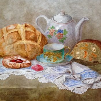 Painting titled "Натюрморт с хлебом" by Larisa Kucherenko, Original Artwork, Watercolor
