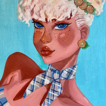 Painting titled "White hair girl - o…" by Larisa Lavrova, Original Artwork, Oil Mounted on Wood Stretcher frame