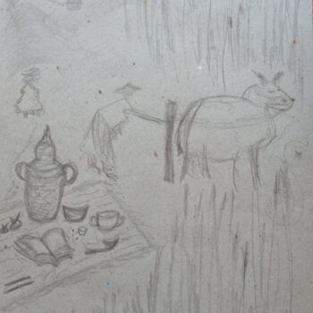 Disegno intitolato "Breakfast on the gr…" da Larisa Leontjeva, Opera d'arte originale, Carbone