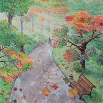 Drawing titled "Autumn lives in the…" by Larisa Leontjeva, Original Artwork, Conté