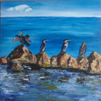 Pittura intitolato "Cormorants on Emar…" da Larisa Neman, Opera d'arte originale, Olio Montato su Cartone