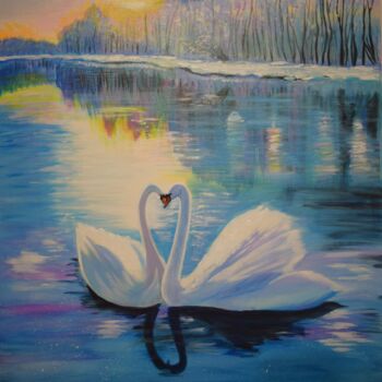 Painting titled "Schwäne am See Acry…" by Larisa Pires, Original Artwork, Acrylic