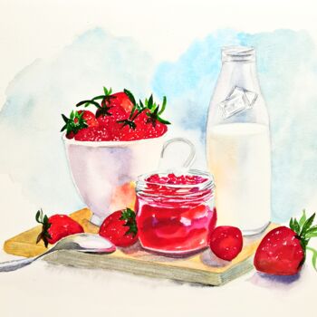 Painting titled "Strawberry Painting…" by Larisa Raevskaia, Original Artwork, Watercolor