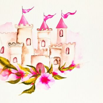 Painting titled "Castle Painting Ill…" by Larisa Raevskaia, Original Artwork, Watercolor