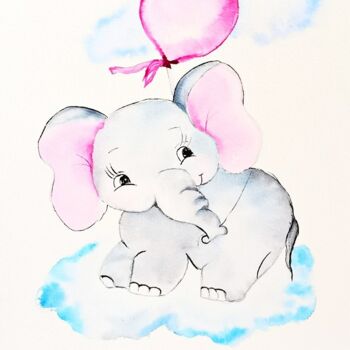 Painting titled "Elephant Painting A…" by Larisa Raevskaia, Original Artwork, Watercolor