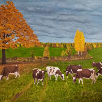 Pintura intitulada "Cow Painting Landsc…" por Larisa Raevskaia, Obras de arte originais, Óleo