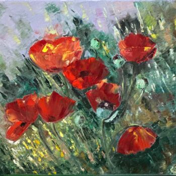 Malarstwo zatytułowany „Red poppies” autorstwa Larisa Robins, Oryginalna praca, Olej Zamontowany na Drewniana rama noszy