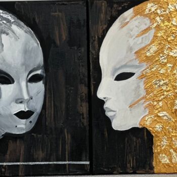 Painting titled "Masks" by Larisa Robins, Original Artwork, Acrylic Mounted on Wood Stretcher frame