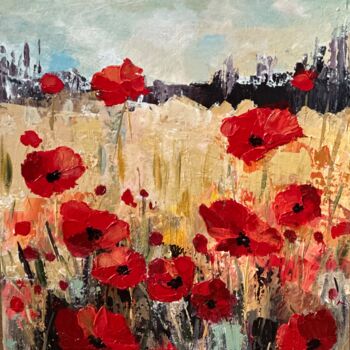 Painting titled "Red poppy field" by Larisa Robins, Original Artwork, Acrylic Mounted on Wood Stretcher frame