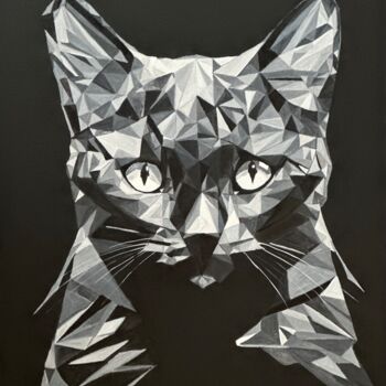 Painting titled "Black cat" by Larisa Robins, Original Artwork, Acrylic Mounted on Wood Stretcher frame