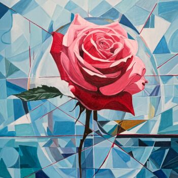 Painting titled "Red rose in ice" by Larisa Robins, Original Artwork, Acrylic Mounted on Wood Stretcher frame