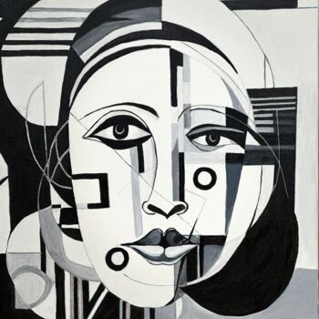 Painting titled "Facial Geometry 3" by Larisa Robins, Original Artwork, Acrylic Mounted on Wood Stretcher frame