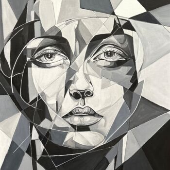 Painting titled "Facial Geometry 5" by Larisa Robins, Original Artwork, Acrylic Mounted on Wood Stretcher frame