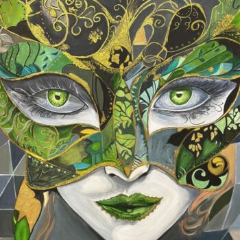 Painting titled "Green mask" by Larisa Robins, Original Artwork, Acrylic Mounted on Wood Stretcher frame