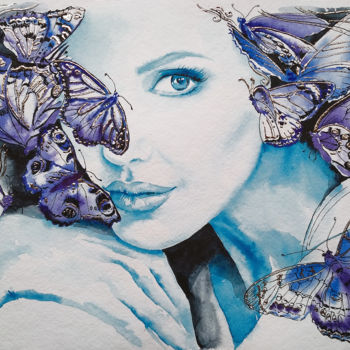 Painting titled "Blue portrait with…" by Olga Larina, Original Artwork, Watercolor