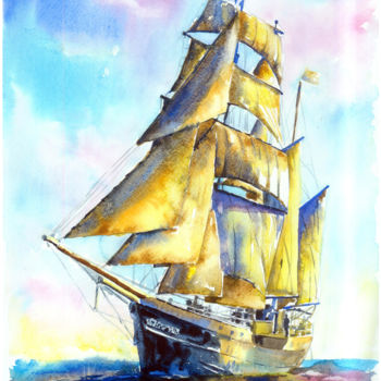 绘画 标题为“Ship at sunset” 由Olga Larina, 原创艺术品, 水彩