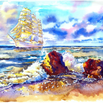 Картина под названием "Waves on the coast" - Olga Larina, Подлинное произведение искусства, Акварель