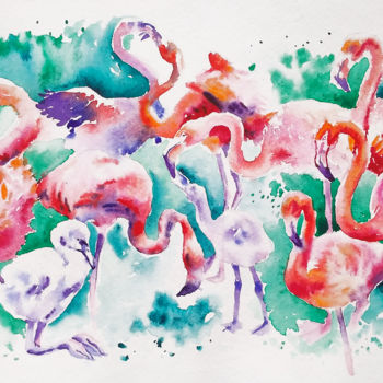 Schilderij getiteld "Flamingo" door Olga Larina, Origineel Kunstwerk, Aquarel