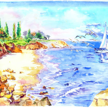 Ζωγραφική με τίτλο "Sunny beach" από Olga Larina, Αυθεντικά έργα τέχνης, Ακουαρέλα