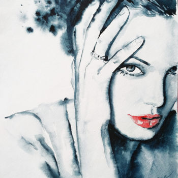 Картина под названием "Portrait with red l…" - Olga Larina, Подлинное произведение искусства, Акварель