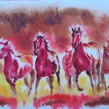 Painting titled "Running horses" by Olga Larina, Original Artwork, Watercolor