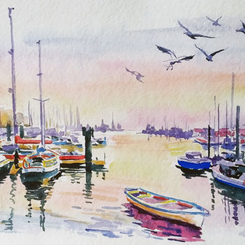 绘画 标题为“Yachts at the pier” 由Olga Larina, 原创艺术品, 水彩