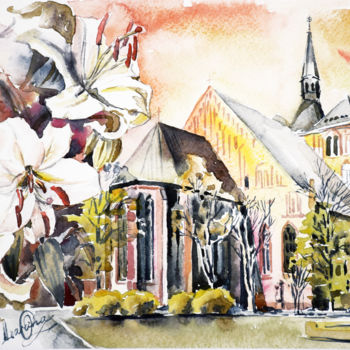 Pintura titulada "Old Church in Europe" por Olga Larina, Obra de arte original, Acuarela