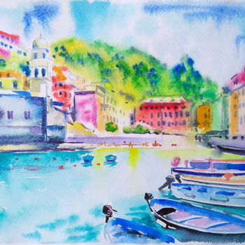 Schilderij getiteld "Italian coast" door Olga Larina, Origineel Kunstwerk, Aquarel
