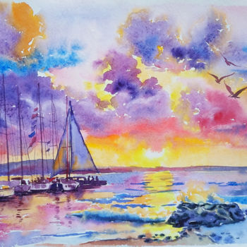 "Ocean sunset" başlıklı Tablo Olga Larina tarafından, Orijinal sanat, Suluboya