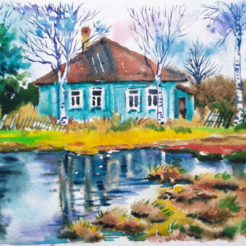 Painting titled "Old farm house" by Olga Larina, Original Artwork, Watercolor