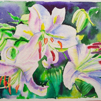 Картина под названием "White lilies" - Olga Larina, Подлинное произведение искусства, Акварель