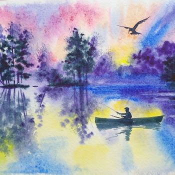 Картина под названием "Boat at sunset" - Olga Larina, Подлинное произведение искусства, Акварель
