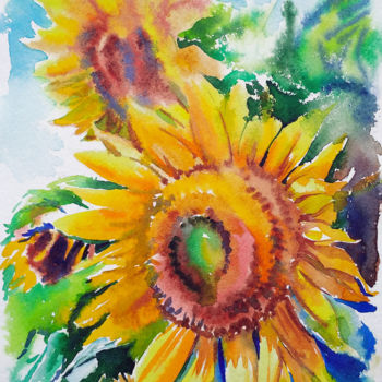 Картина под названием "Sunflower" - Olga Larina, Подлинное произведение искусства, Акварель