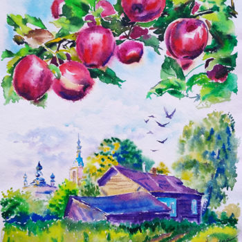 Painting titled "Country house" by Olga Larina, Original Artwork, Watercolor