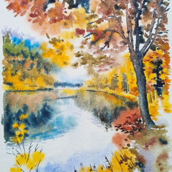 Pintura titulada "Forest lake" por Olga Larina, Obra de arte original, Acuarela