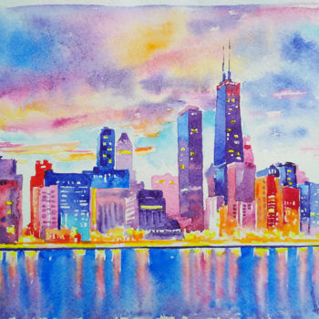 Painting titled "Skyscrapers of New…" by Olga Larina, Original Artwork, Watercolor